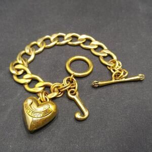 Juicy Couture Gold Tone Puffy Heart Toggle Bracelet 8" J Charm Vintage Jewelry